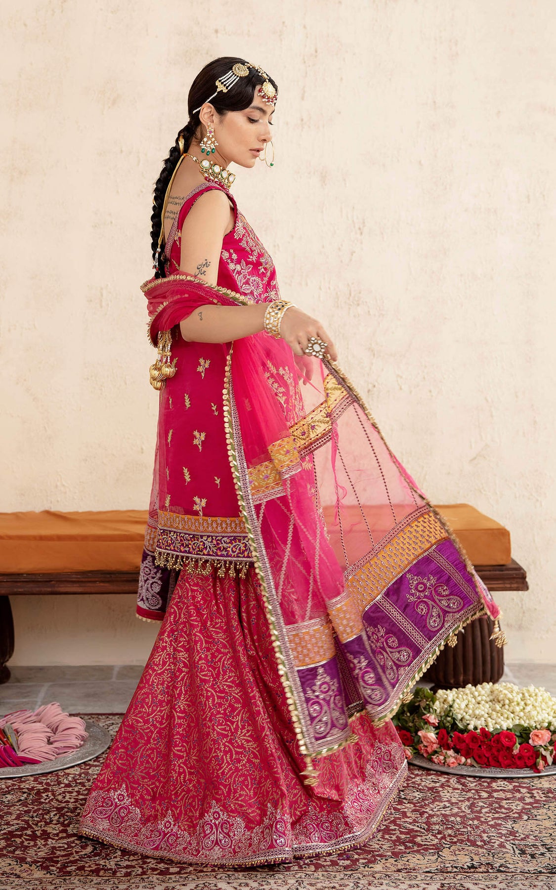 Rose Pink Chinon Heavy Embroidered Sharara Designer Wedding Wear