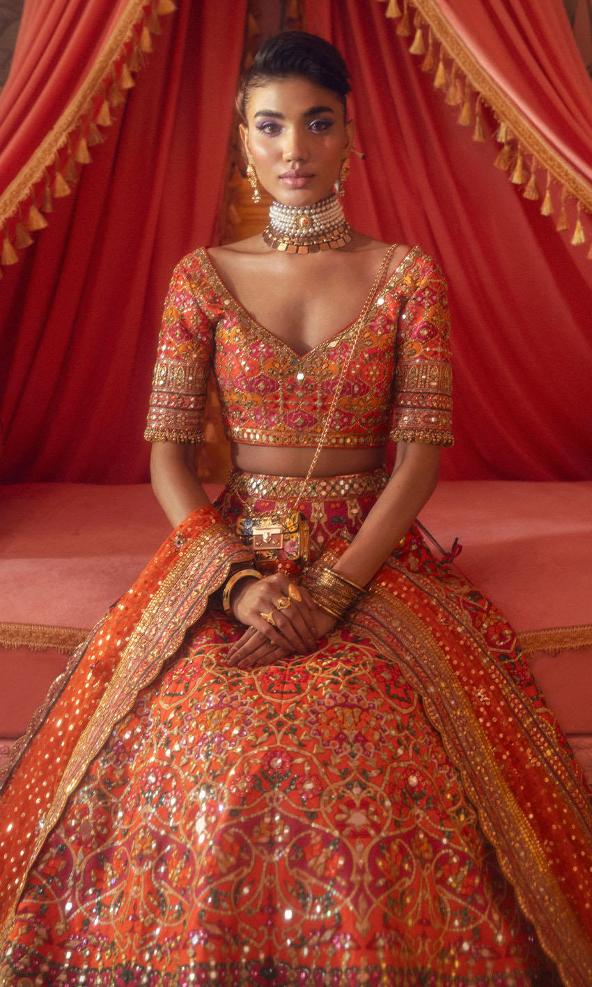 New Design Indian Bridal Dress in Orange Lehenga Style – Nameera by Farooq