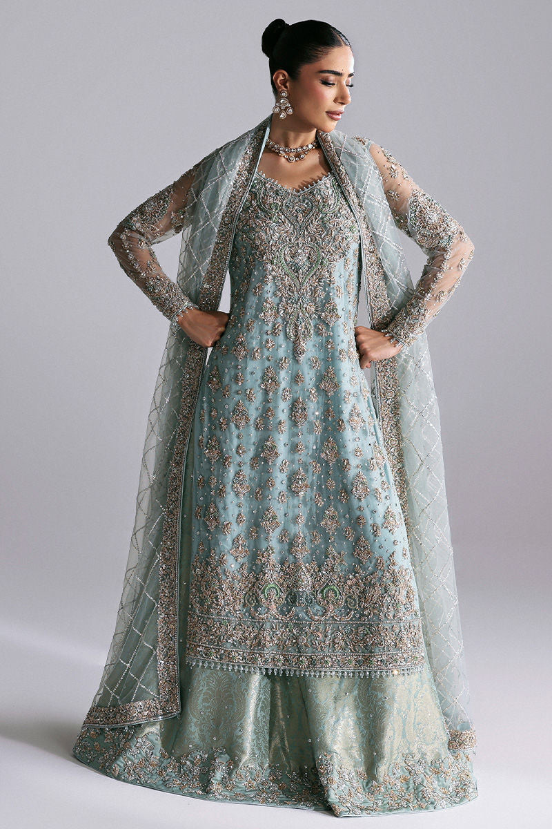 Latest Pakistani Bridal Dress in Blue Lehenga Dupatta Style