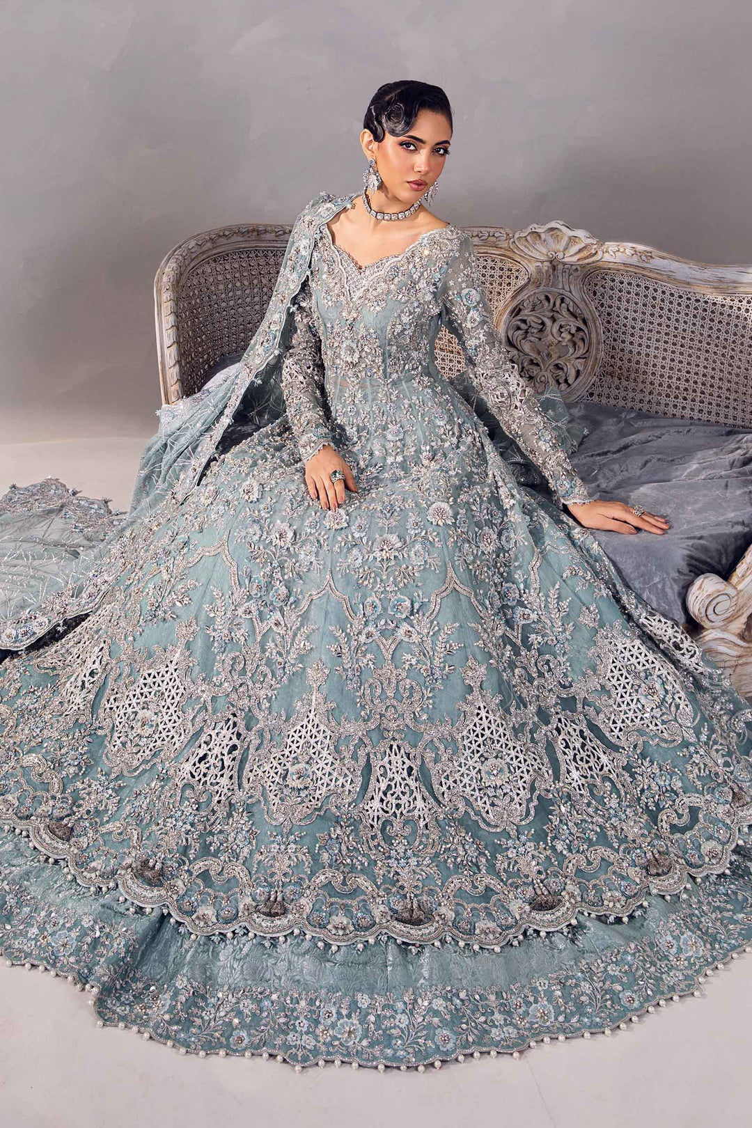 Latest Pakistani Bridal Dress in Blue Pishwas Lehenga Style