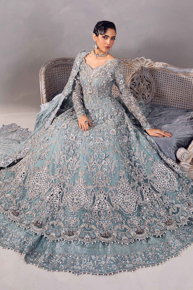 Latest Pakistani Bridal Dress in Blue Pishwas Lehenga Style