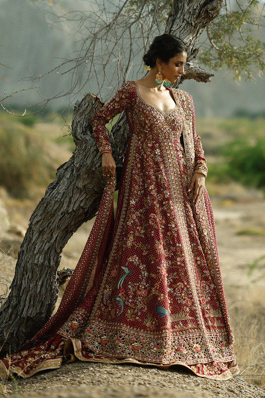 Latest Pakistani Bridal Dress in Crimson Lehenga Pishwas Style
