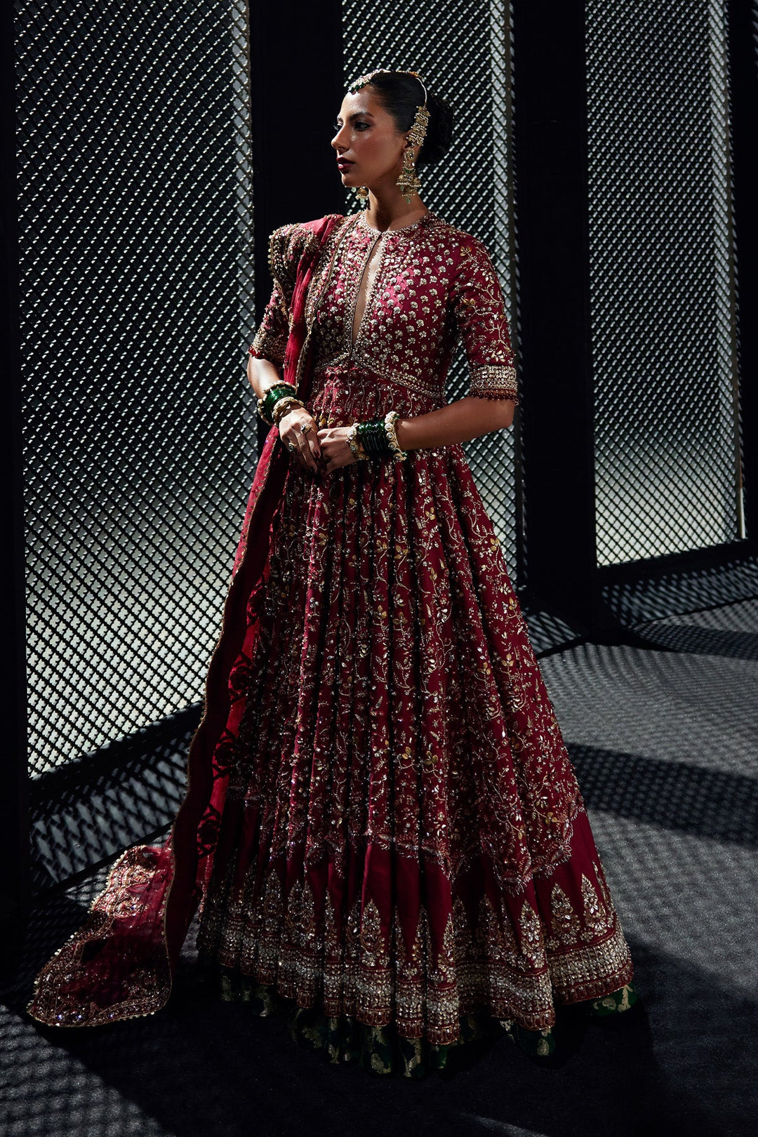 Latest Pakistani Bridal Dress in Crimson Red Pishwas Style