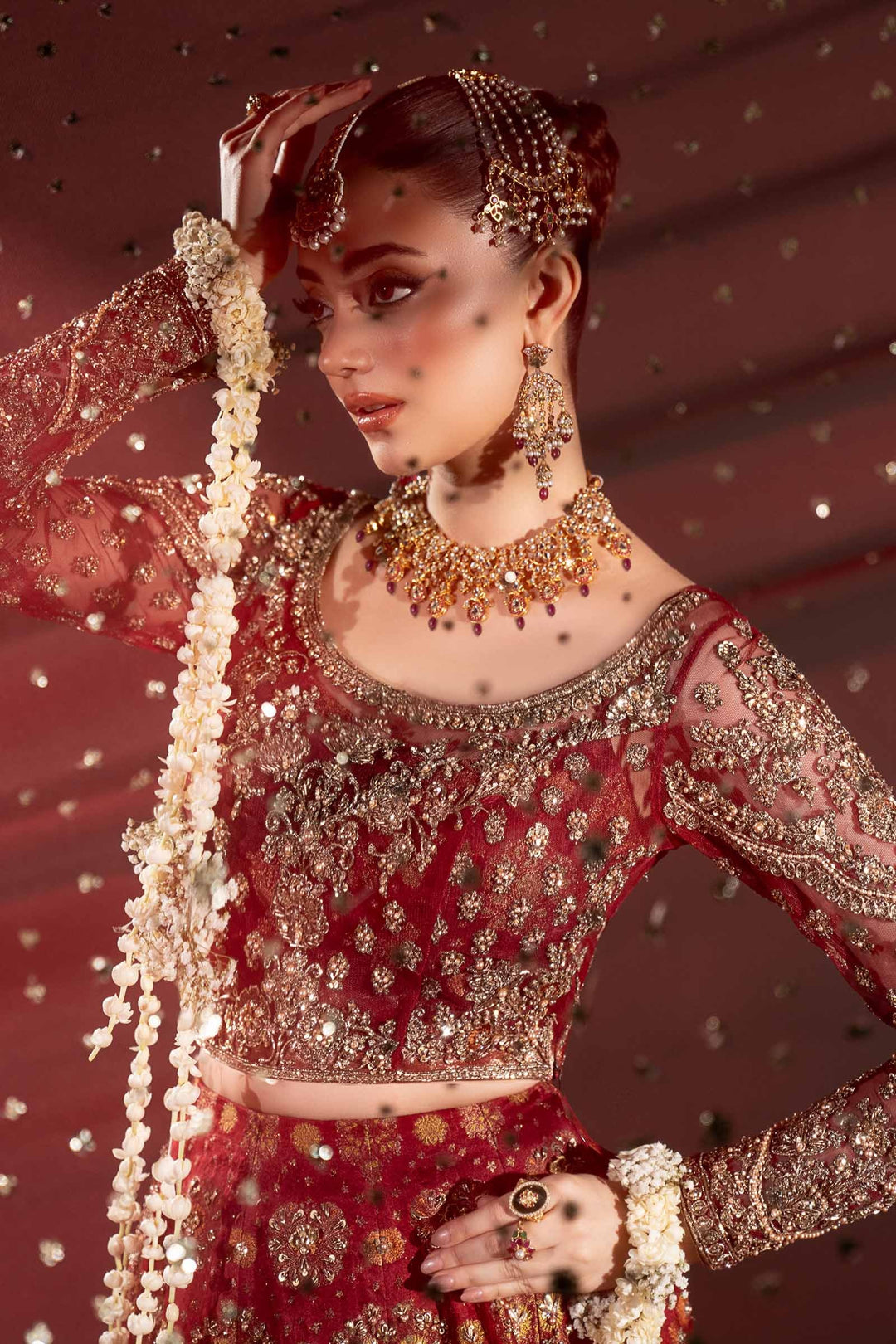 Latest Pakistani Bridal Dress in Deep Red Lehenga Choli Style