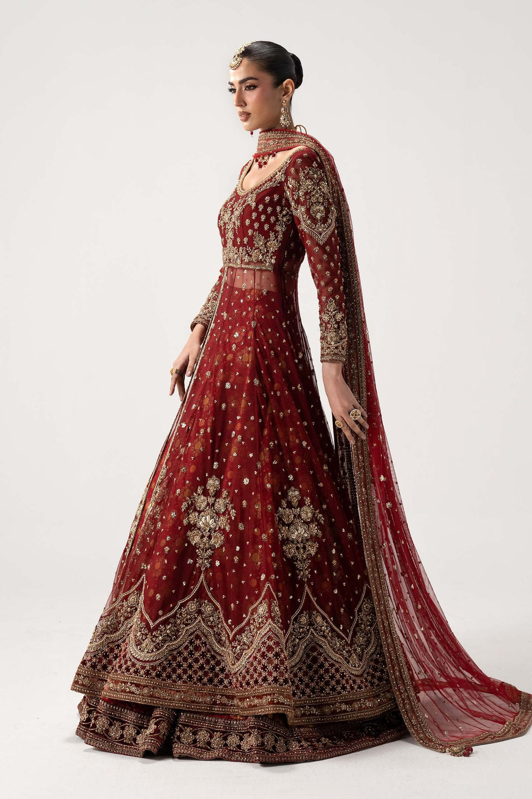 Latest Pakistani Bridal Dress in Deep Red Pishwas Lehnga Style