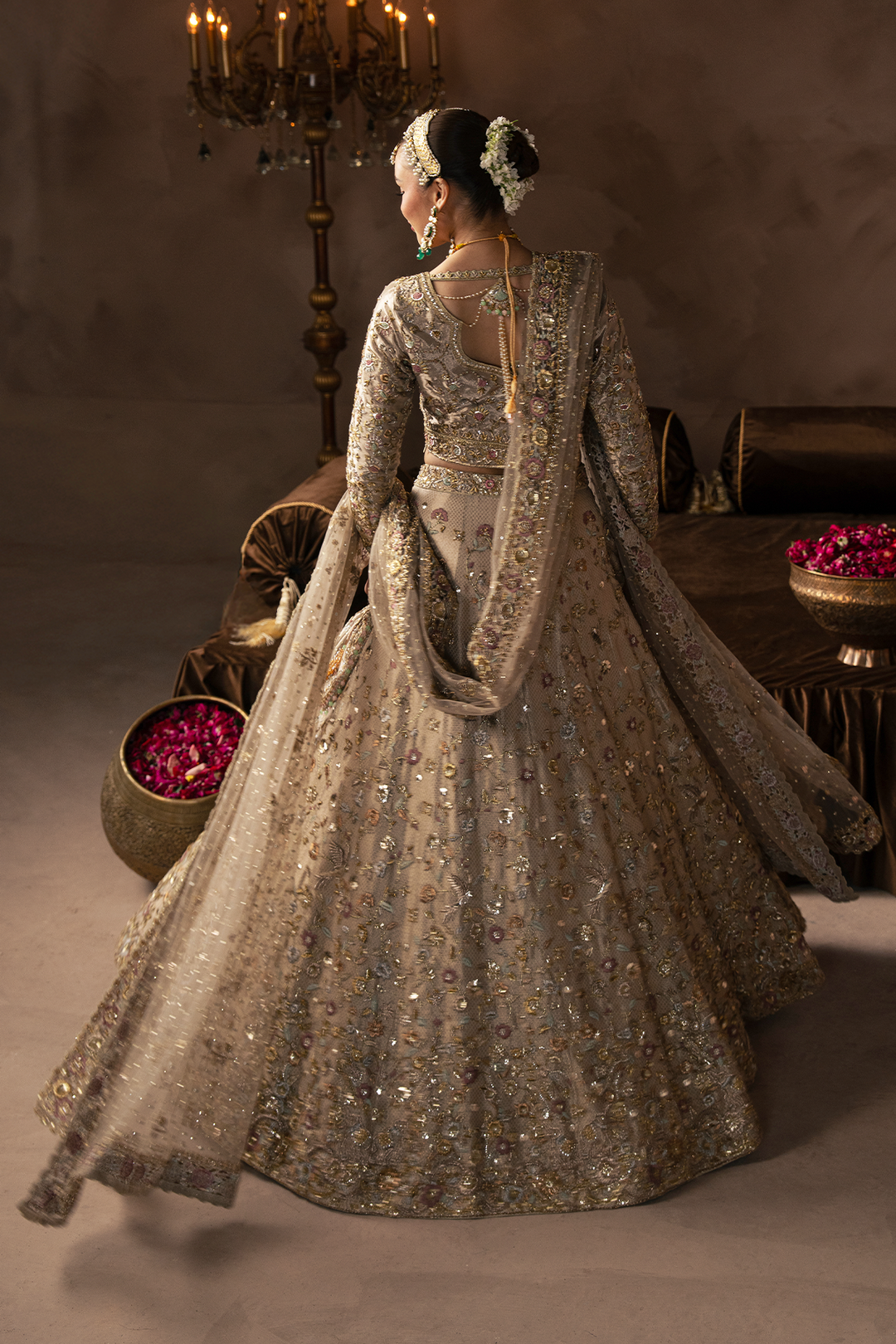 Latest Pakistani Bridal Dress in Dull Gold Lehenga Choli Style