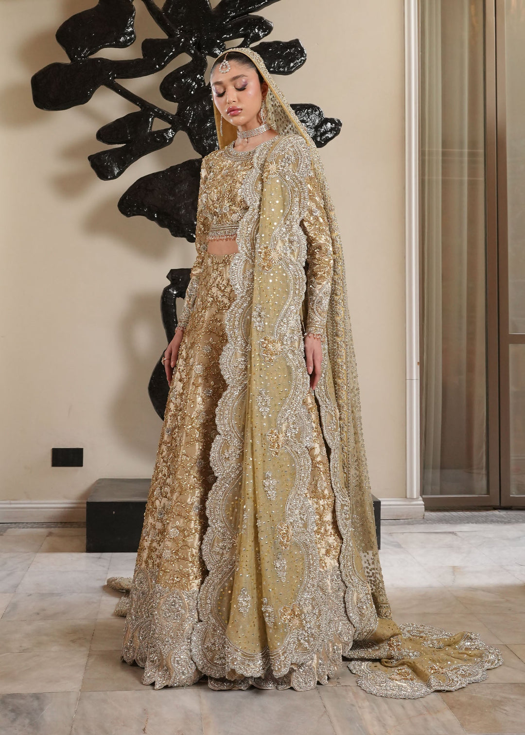 Latest Pakistani Bridal Dress in Gold Lehenga Choli Style