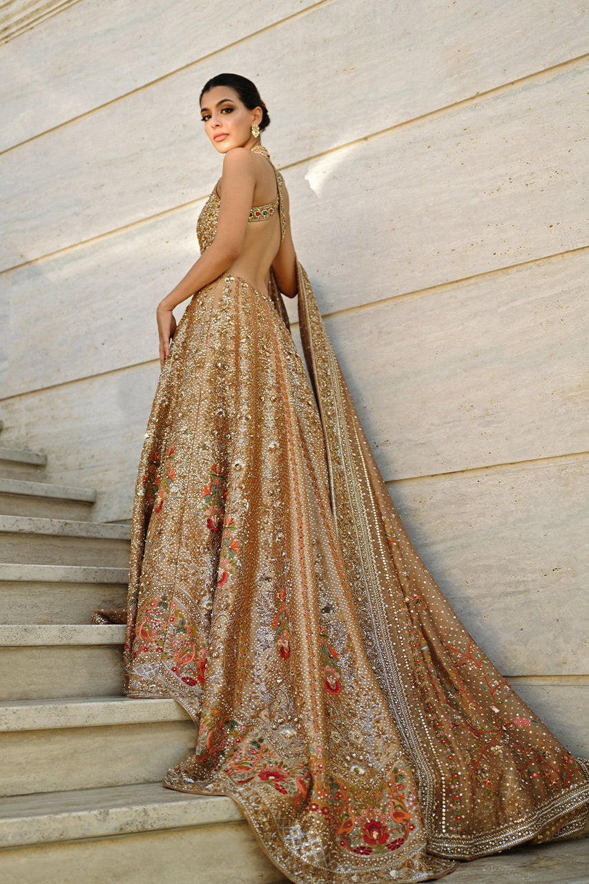 Latest Pakistani Bridal Dress in Gold Pishwas Dupatta Style