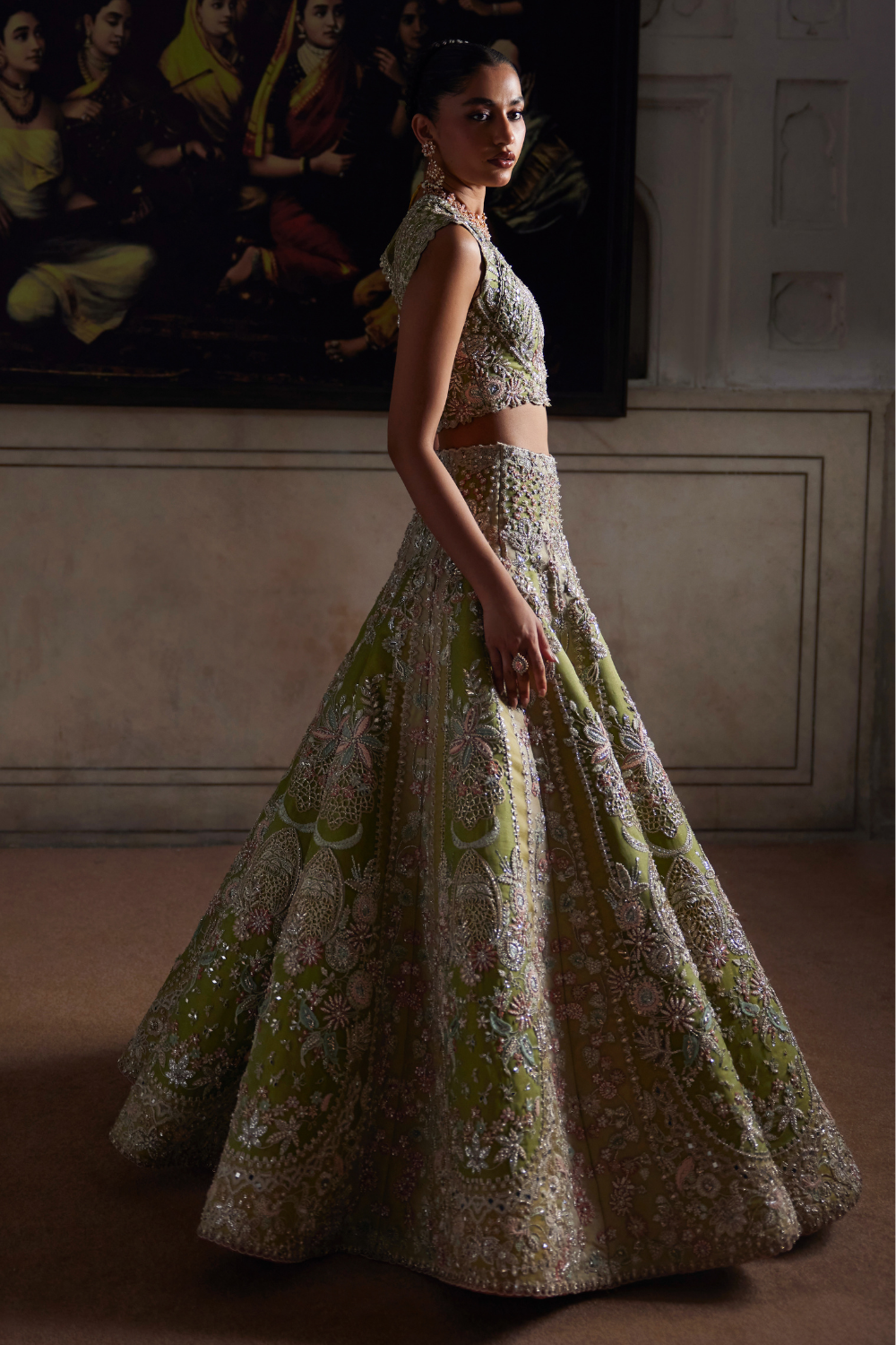 Latest Pakistani Bridal Dress in Green Choli and Lehenga Style
