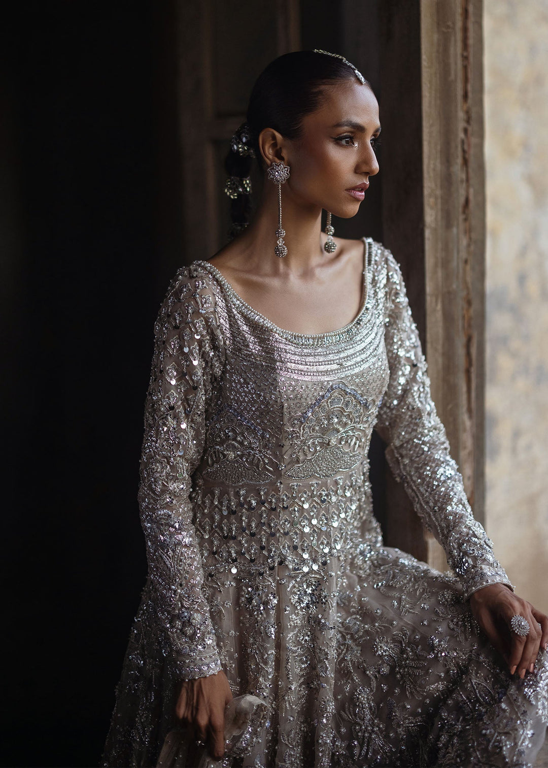 Pakistani Bridal Dress in Grey Gown and Lehenga Style – Nameera by Farooq