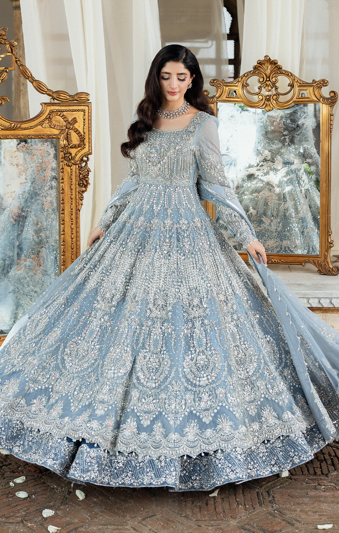 Latest Pakistani Bridal Dress in Ice Blue Pishwas Lehnga Style