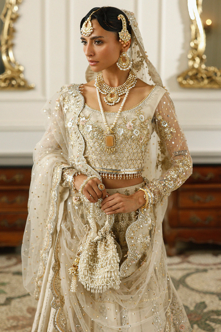 Latest Pakistani Bridal Dress in Ivory Choli Lehenga Style