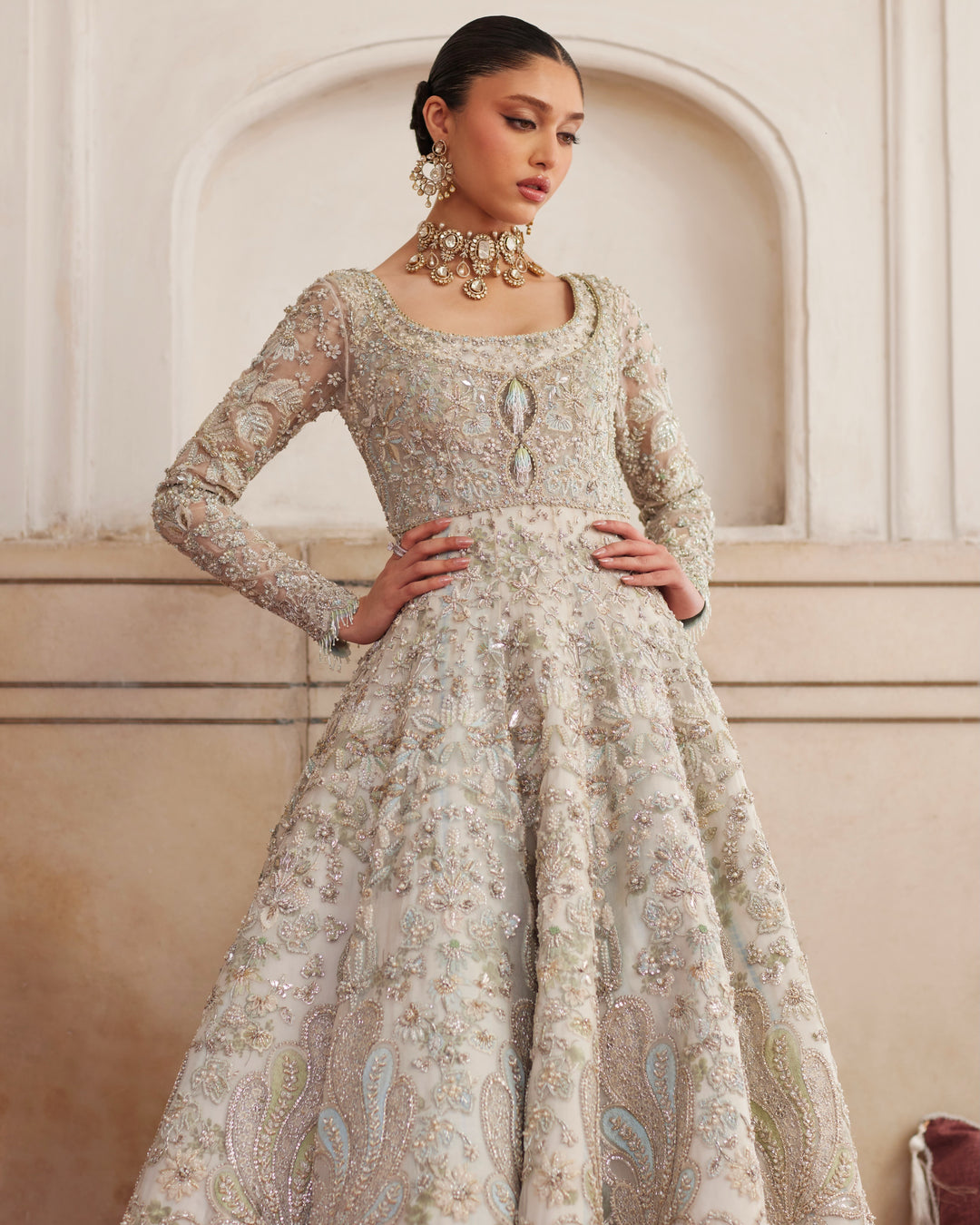 Latest Pakistani Bridal Dress in Ivory Wedding Gown Style