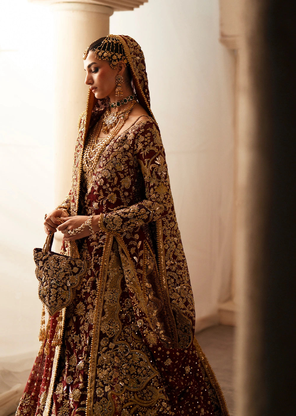Latest Pakistani Bridal Dress in Maroon Kameez Lehenga Style