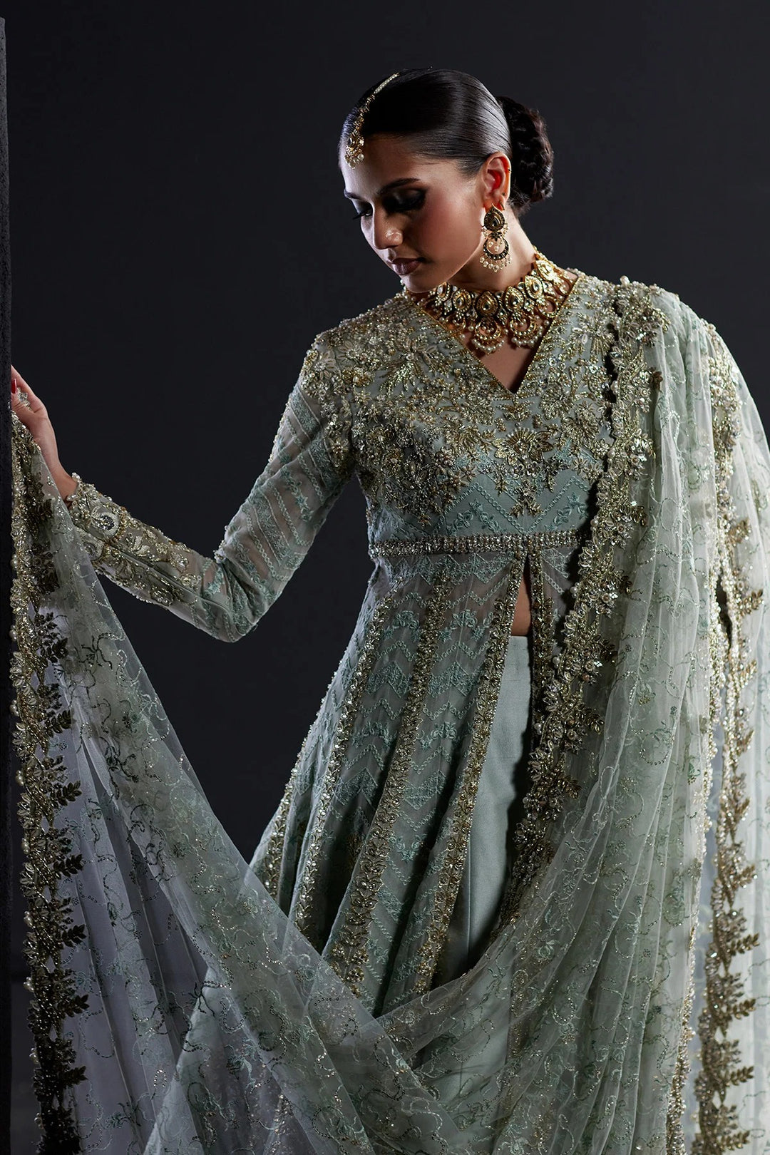Latest Pakistani Bridal Dress in Open Pishwas Lehenga Style