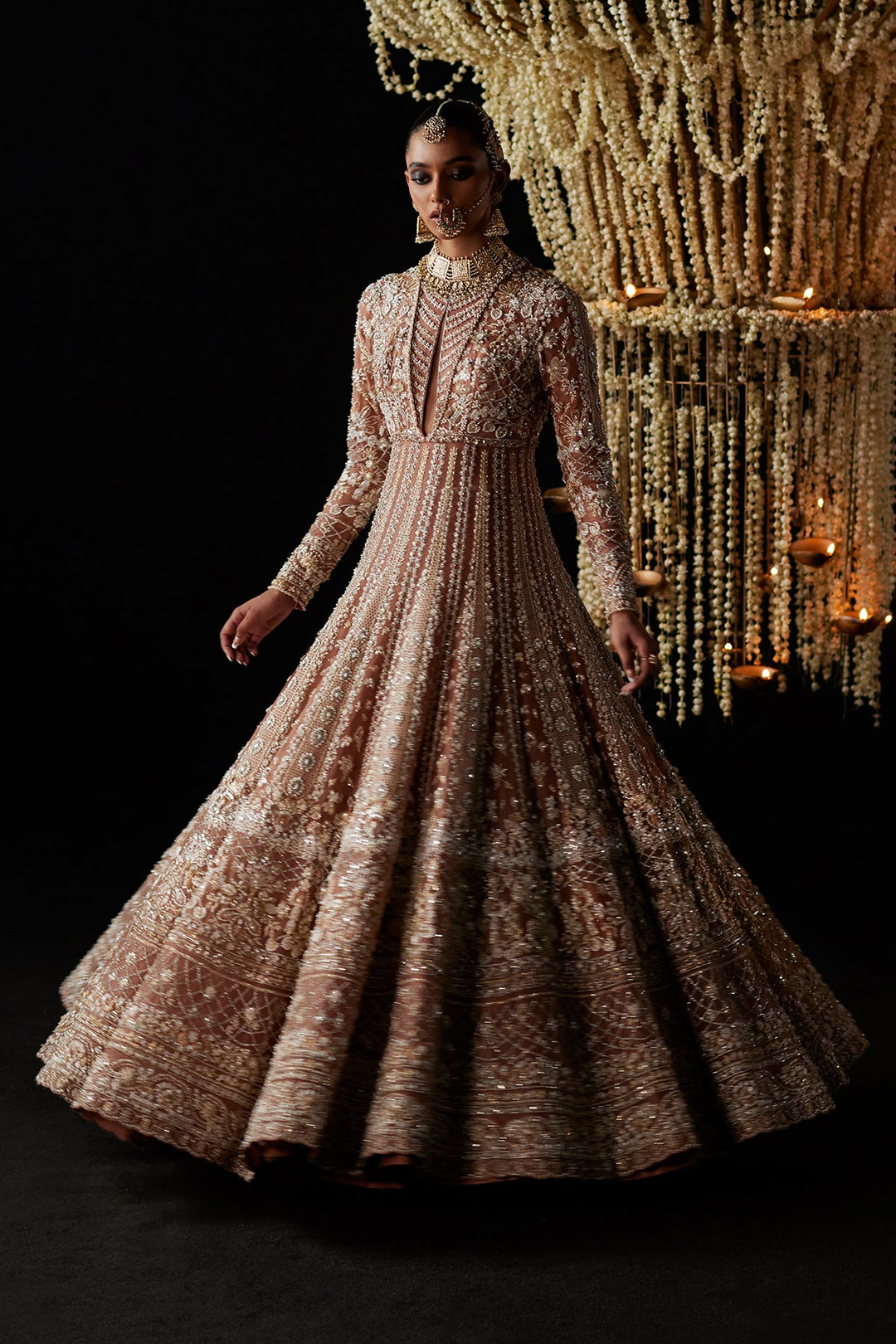 Latest Pakistani Bridal Dress in Peach Pishwas Dupatta Style