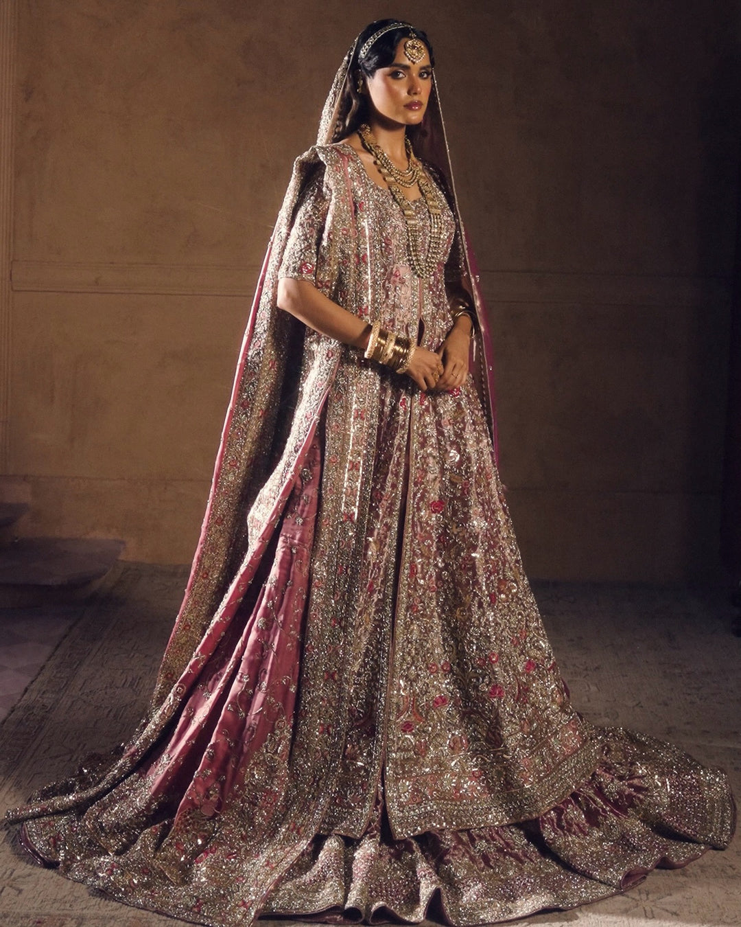Latest Pakistani Bridal Dress in Pink Gown and Lehenga Style