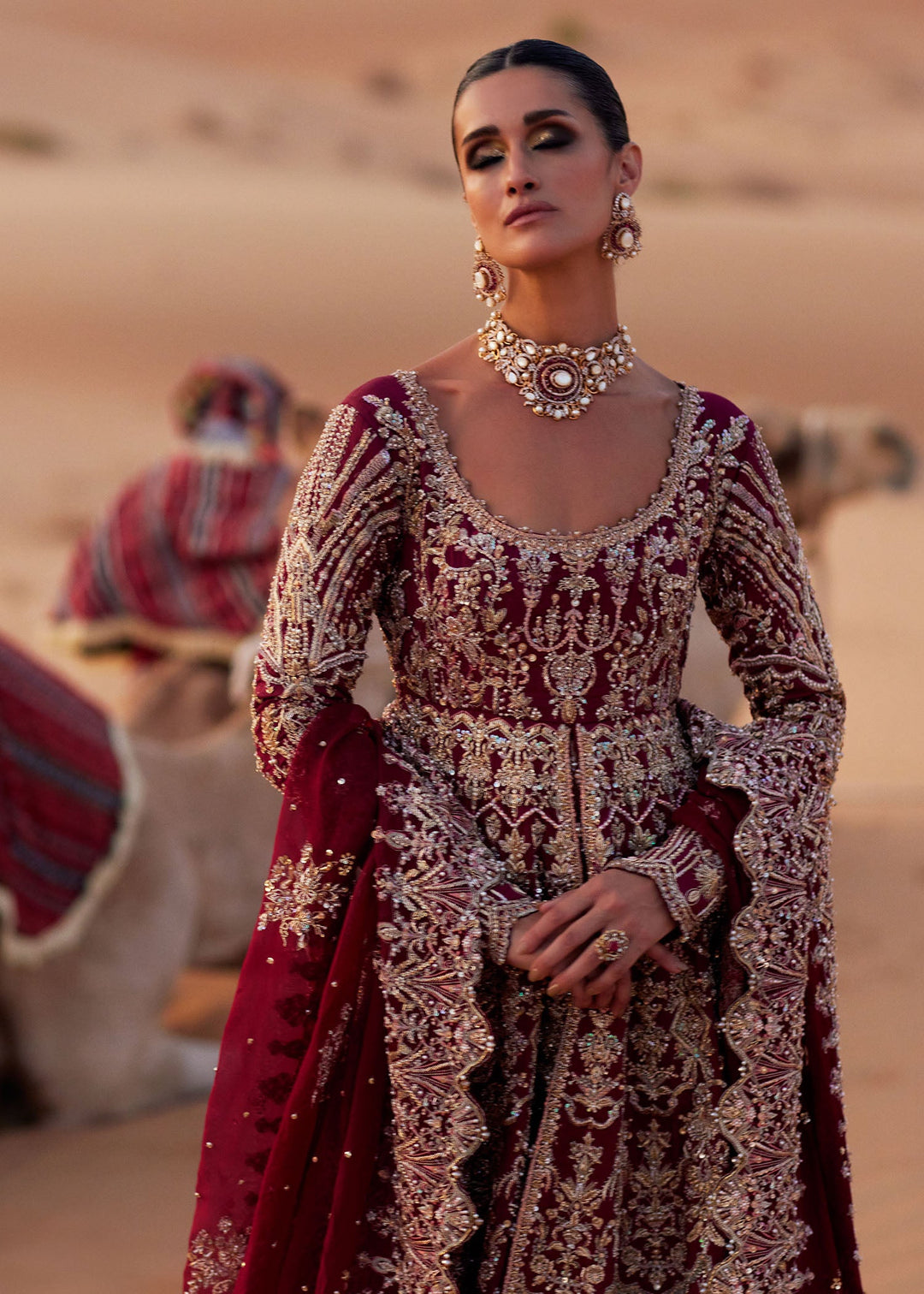 Latest Pakistani Bridal Dress in Pishwas and Red Lehenga Style