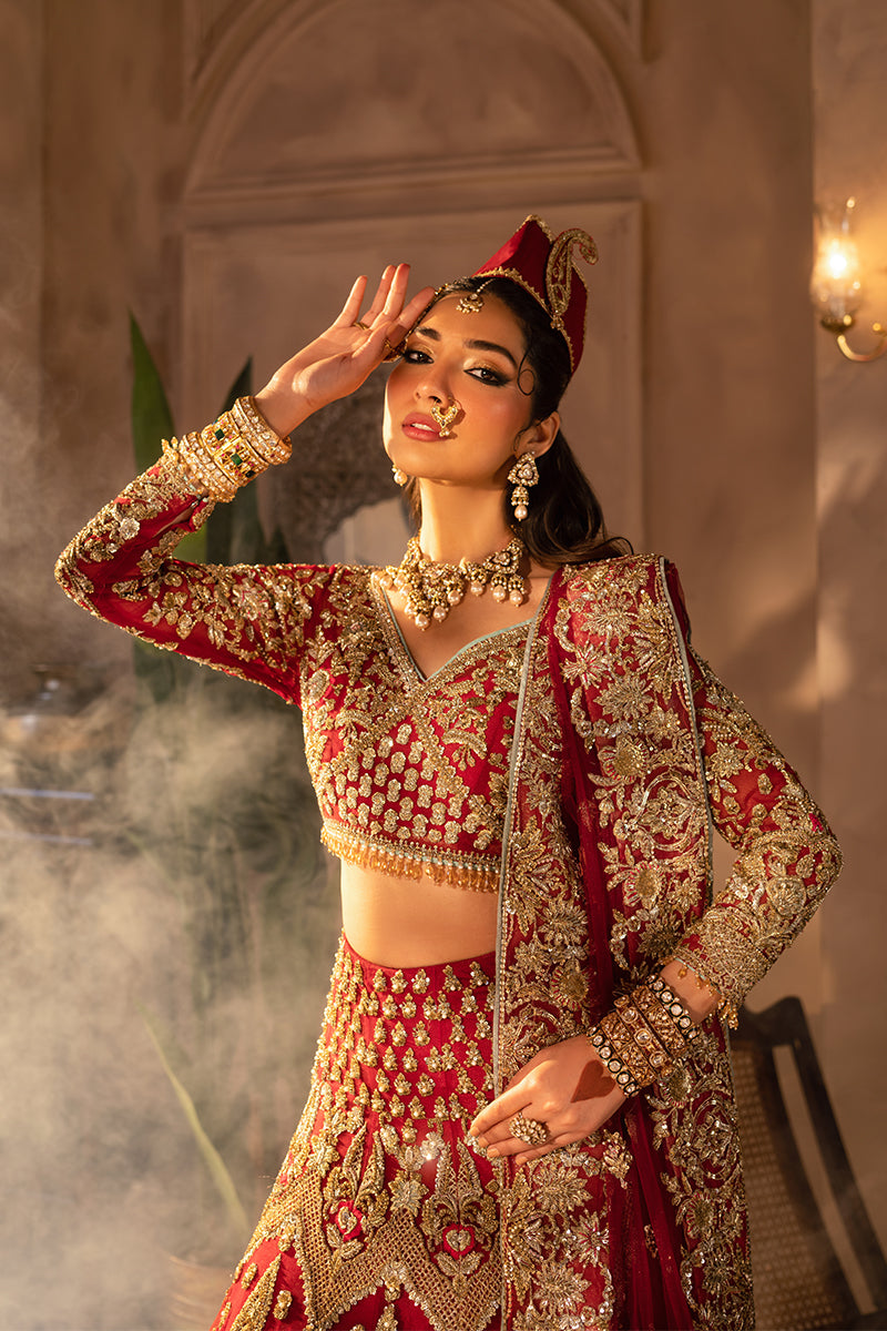 Latest Pakistani Bridal Dress in Red Choli and Lehenga Style