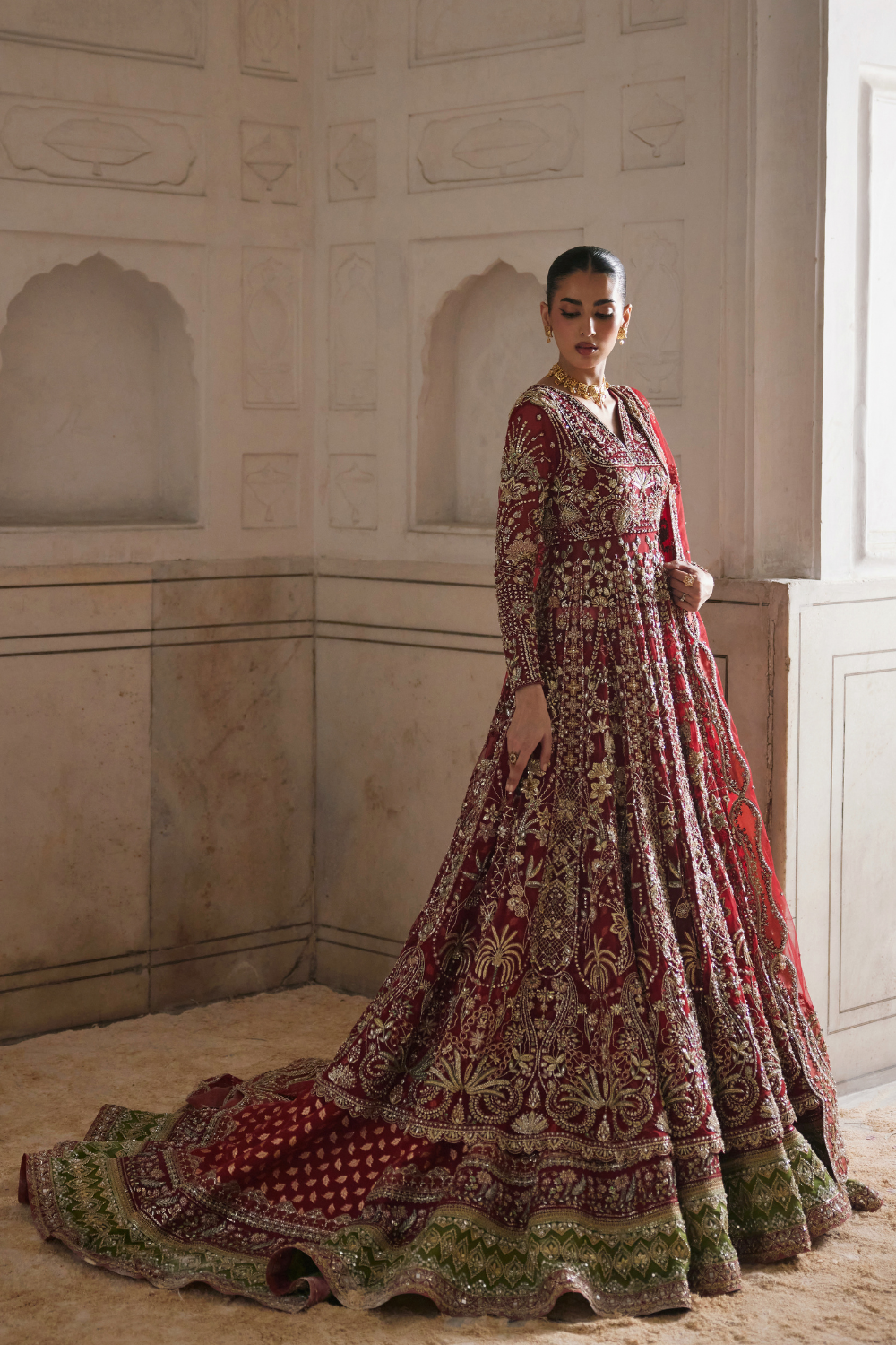 Latest Pakistani Bridal Dress in Red Gown and Lehenga Style