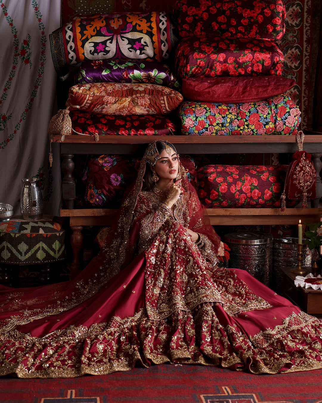 Latest Pakistani Bridal Dress in Red Lehenga Kameez Style