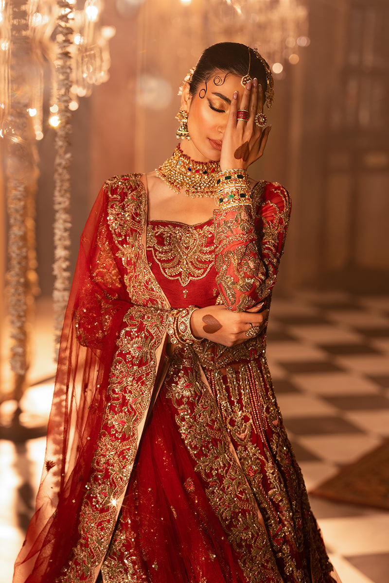 Latest Pakistani Bridal Dress in Red Lehenga and Gown Style