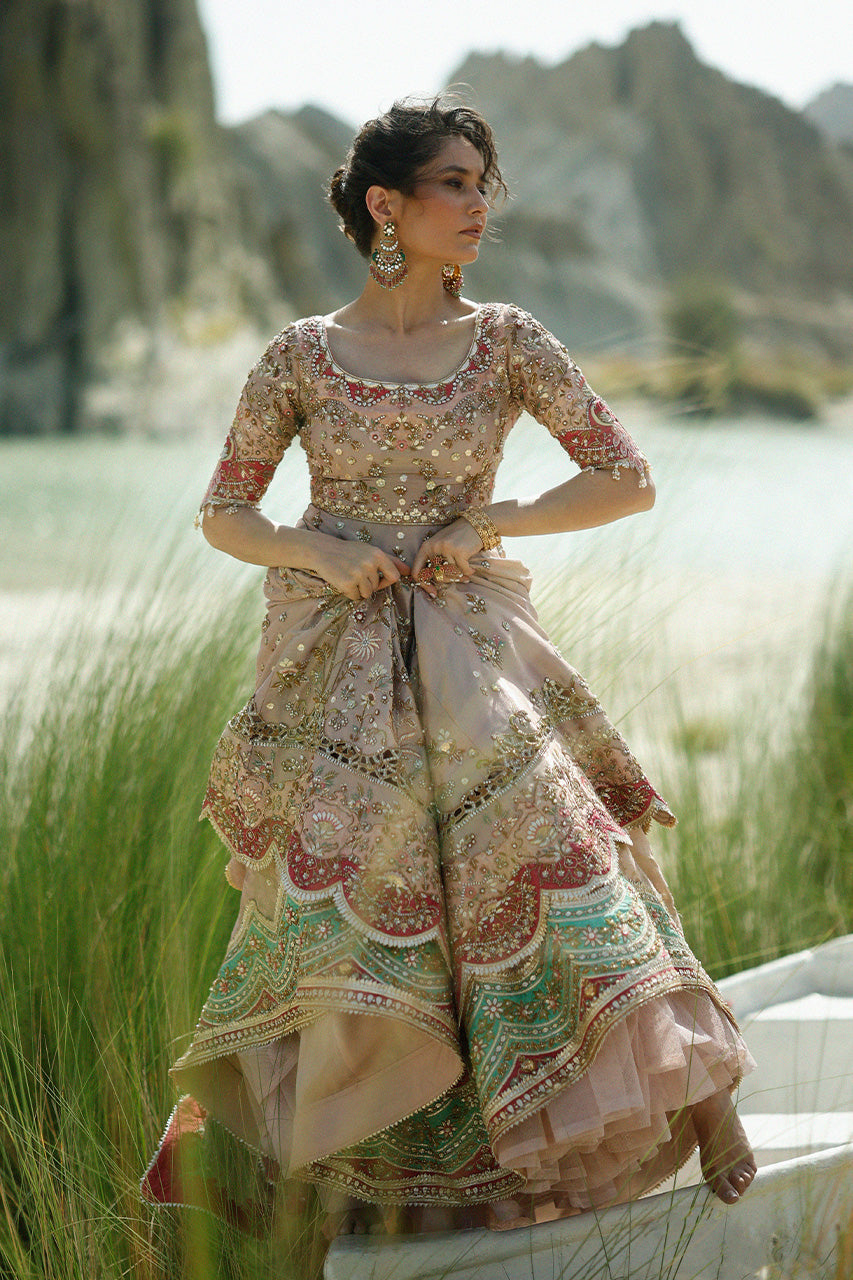 Latest Pakistani Bridal Dress in Tissue Pishwas Lehenga Style