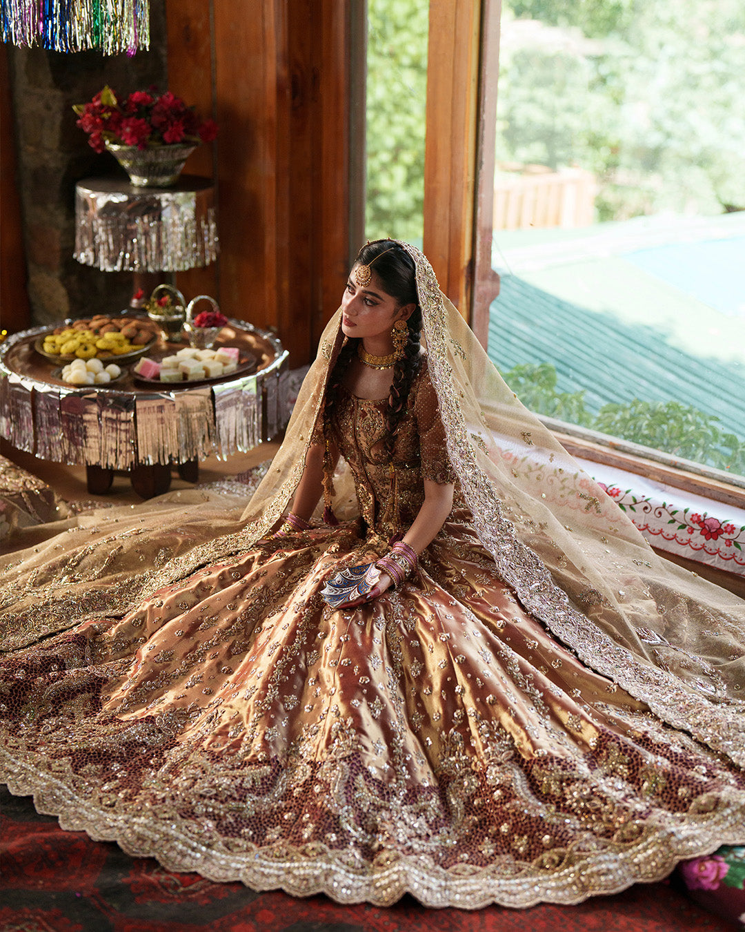 Latest Pakistani Bridal Dress in Tissue Shirt Lehenga Style