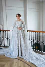 Latest Pakistani Bridal Dress in White Pishwas Lehenga Style