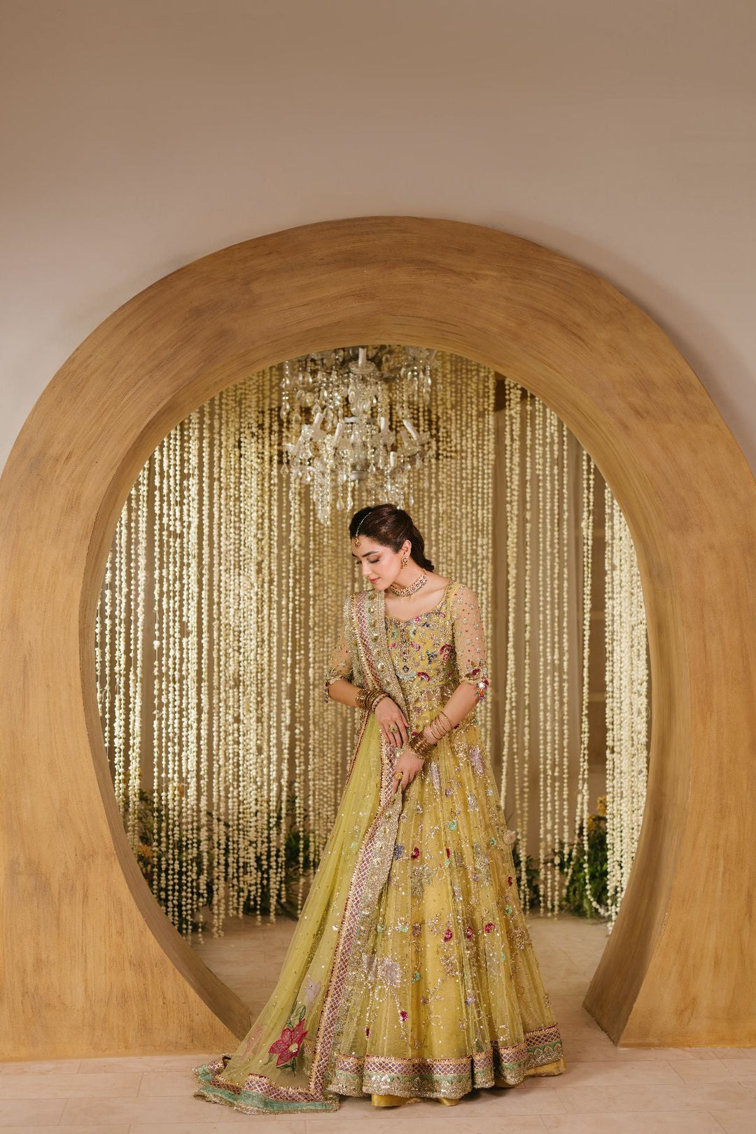 Pakistani Bridal Mehndi Dress in Yellow Gown Style – Nameera by Farooq