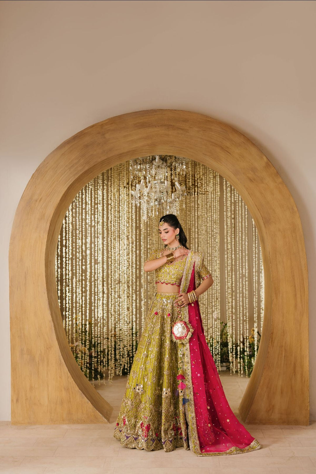 Latest Pakistani Bridal Mehndi Outfit in Choli Lehenga Style
