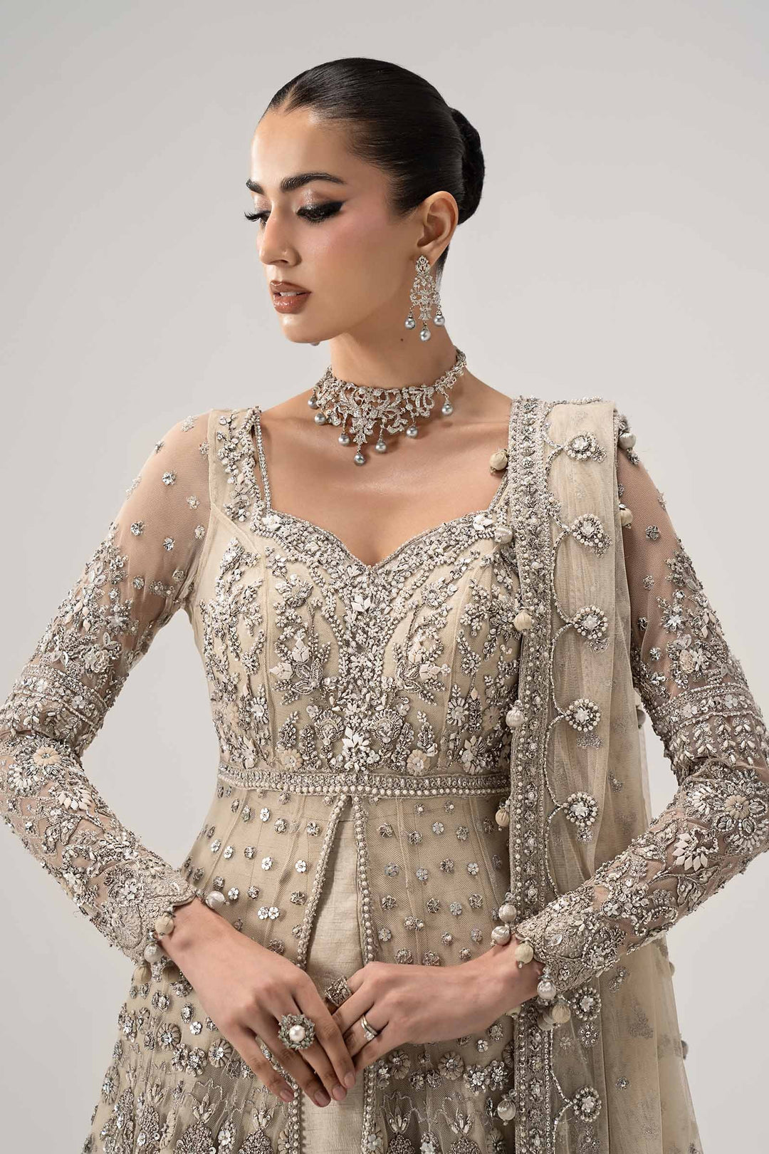 Latest Pakistani Bridal Outfit in Ivory Net Open Gown Style