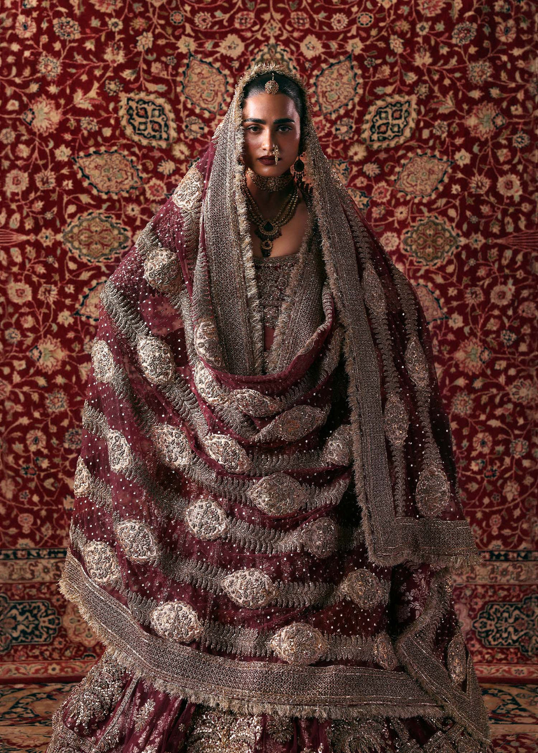 Latest Pakistani Bridal Outfit in Maroon Pishwas Lehenga Style