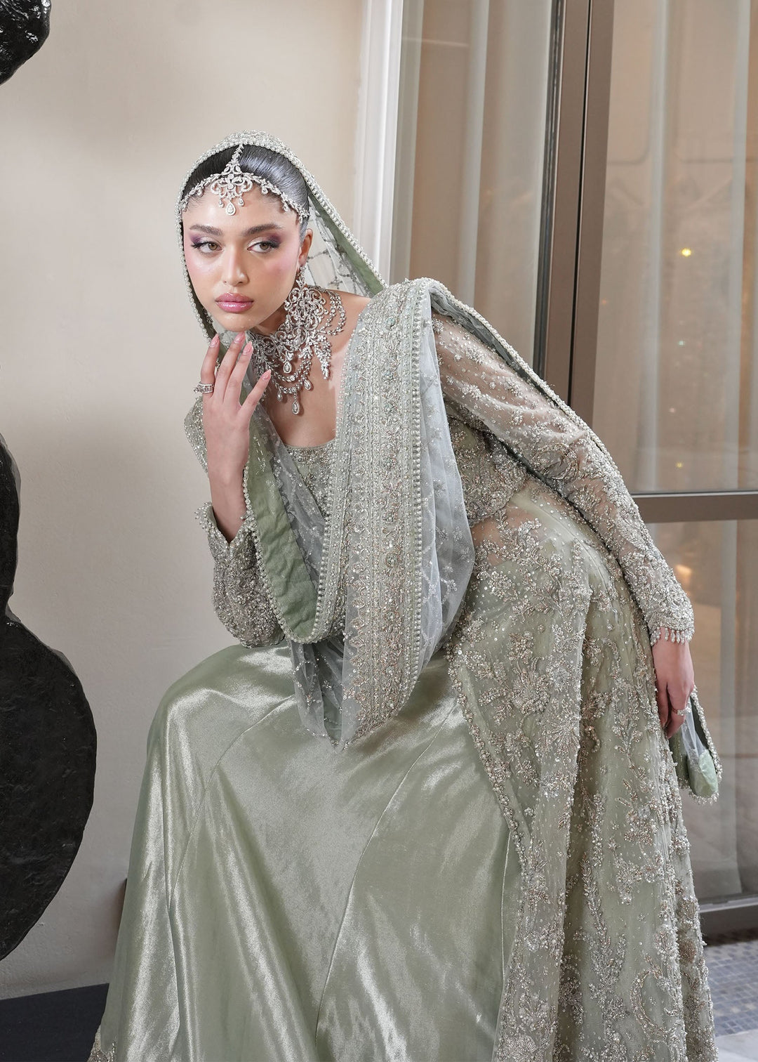 Latest Pakistani Bridal Outfit in Open Gown Lehenga Style