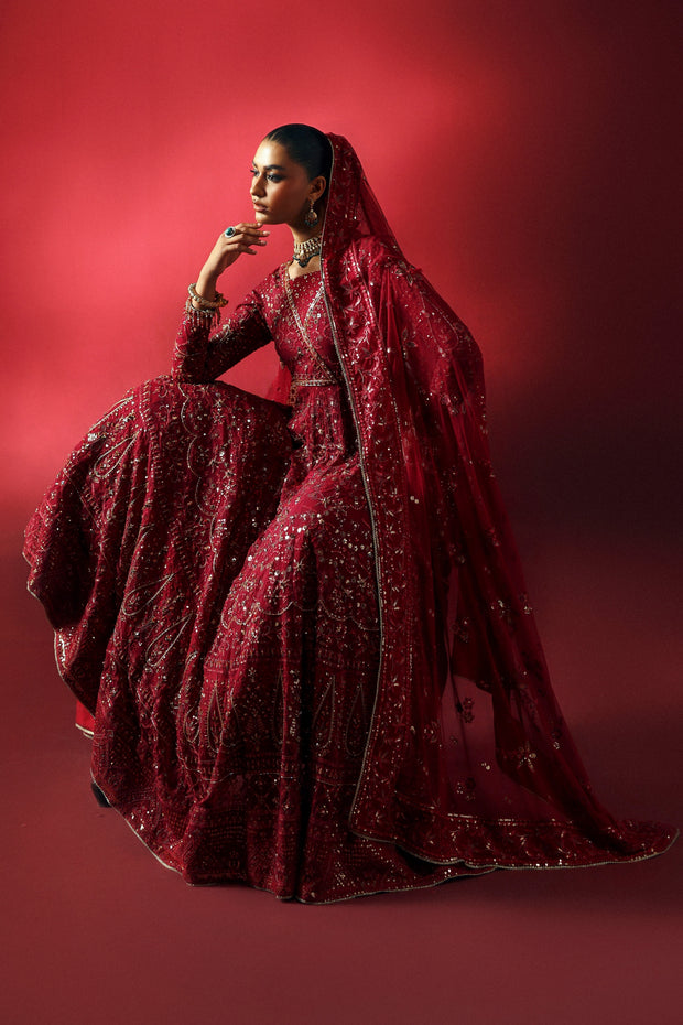 Latest Pakistani Wedding Dress in Elegant Red Maxi Frock Style