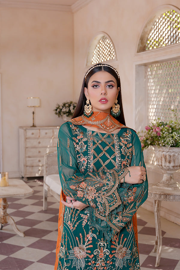 orange and green dress pakistani Salwar Kameez For Party Dresses – Nameera by Farooq neckline: sweetheart