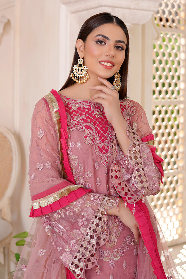 Lavish Pink Chiffon Net Kameez Sharara For Pakistani Wedding Dress