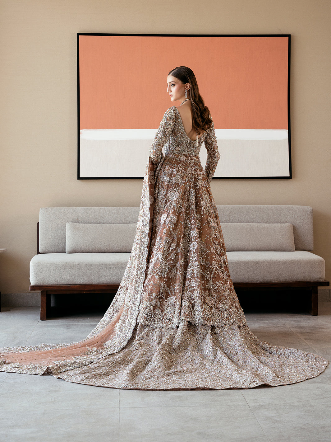 Elegant Ash Brown Pakistani Bridal Pishwas & Lehenga Set