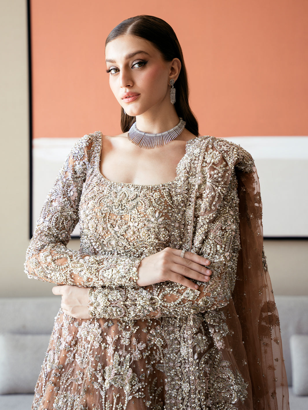 Elegant Ash Brown Pakistani Bridal Pishwas & Lehenga Set