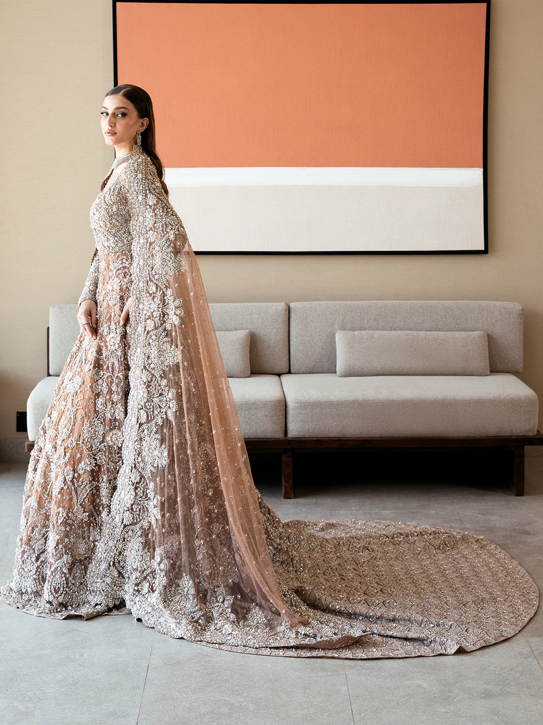 Elegant Ash Brown Pakistani Bridal Pishwas & Lehenga Set