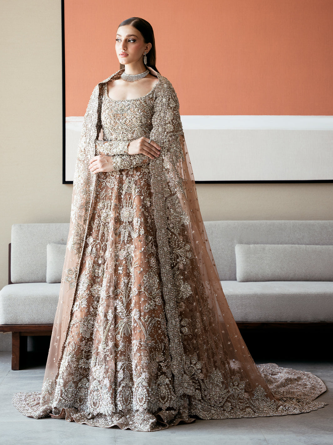 Elegant Ash Brown Pakistani Bridal Pishwas & Lehenga Set