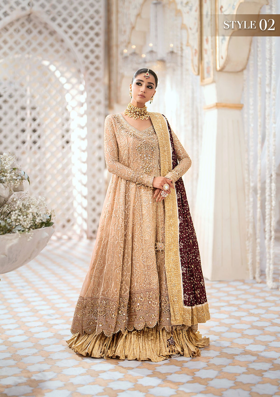 Light Brown Embroidered Kalidar Frock Pakistani Wedding Dress