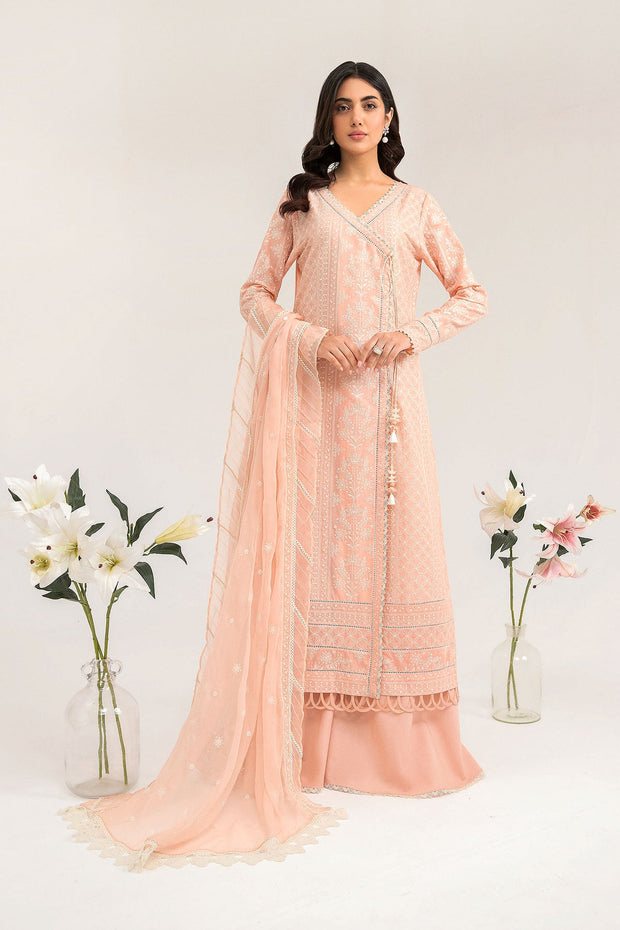 Light Peach Embroidered Pakistani Frock in Anghrakha Style Party Dress