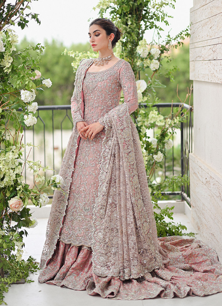 Light Rose Pakistani Bridal Dress Embellished Pishwas Farshi Gharara