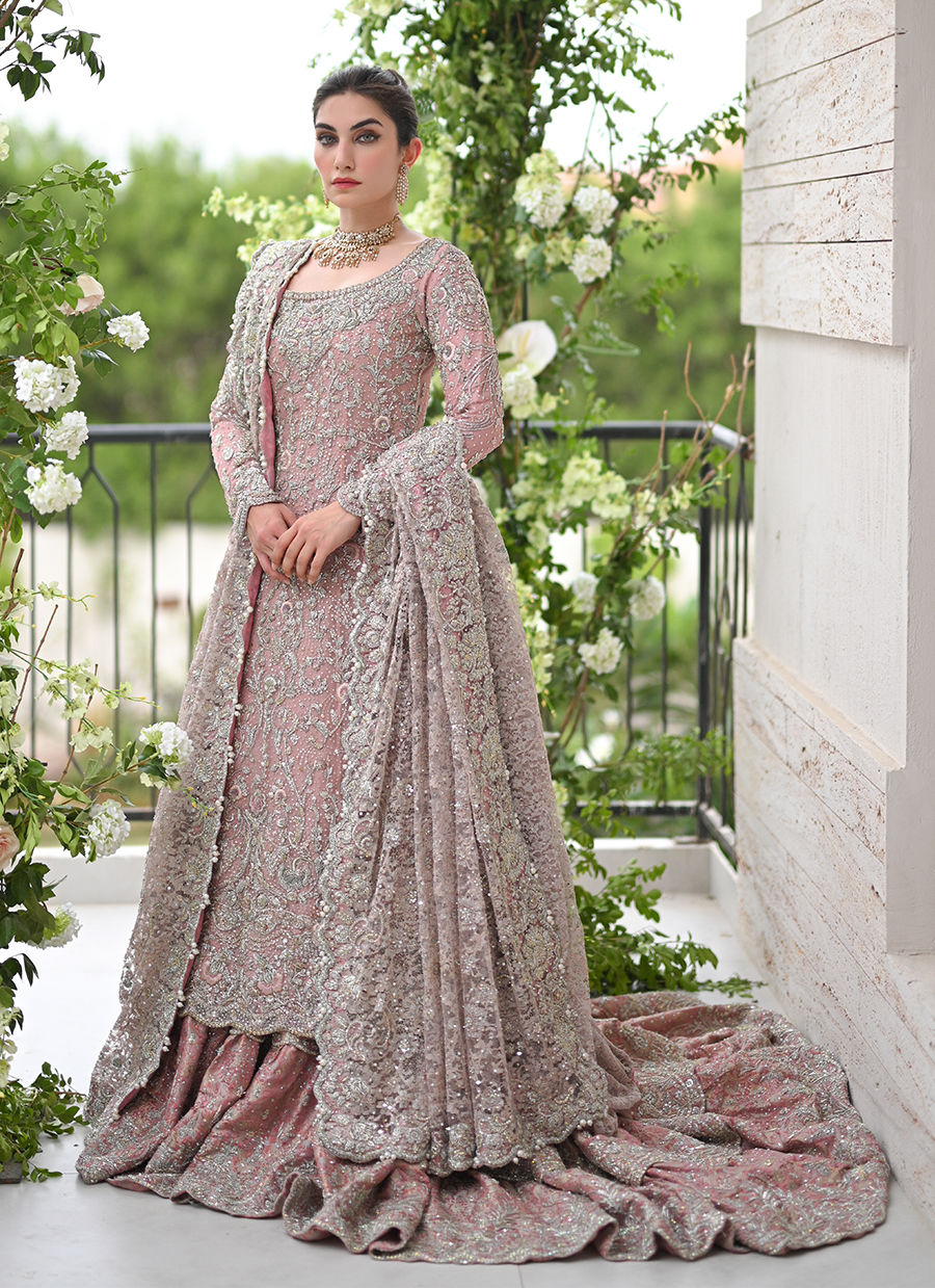 Light Rose Pakistani Bridal Dress Embellished Pishwas With Farshi Gharara
