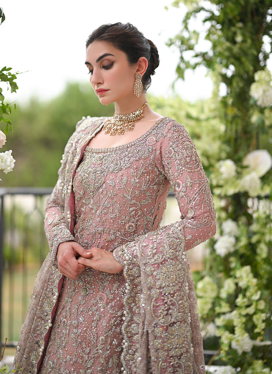 Light Rose Pakistani Bridal Embellished Pishwas With Farshi Gharara
