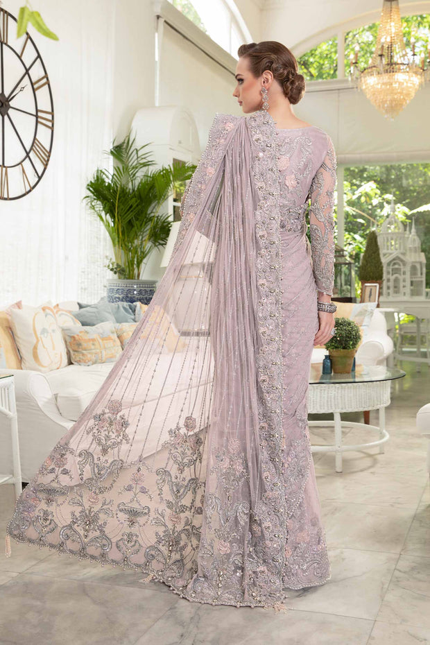 Lilac Pakistani Wedding Dress in Luxurious Net Saree style