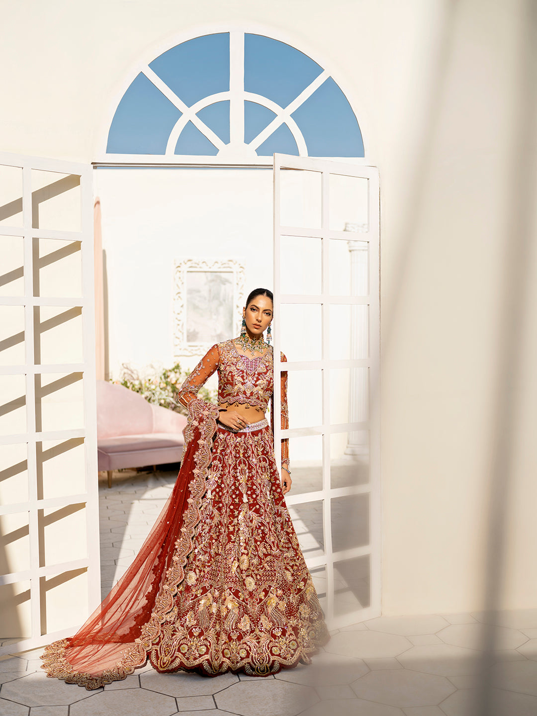 Luxury Pakistani Bridal Dress in Rich Red with Hand Embroidery
