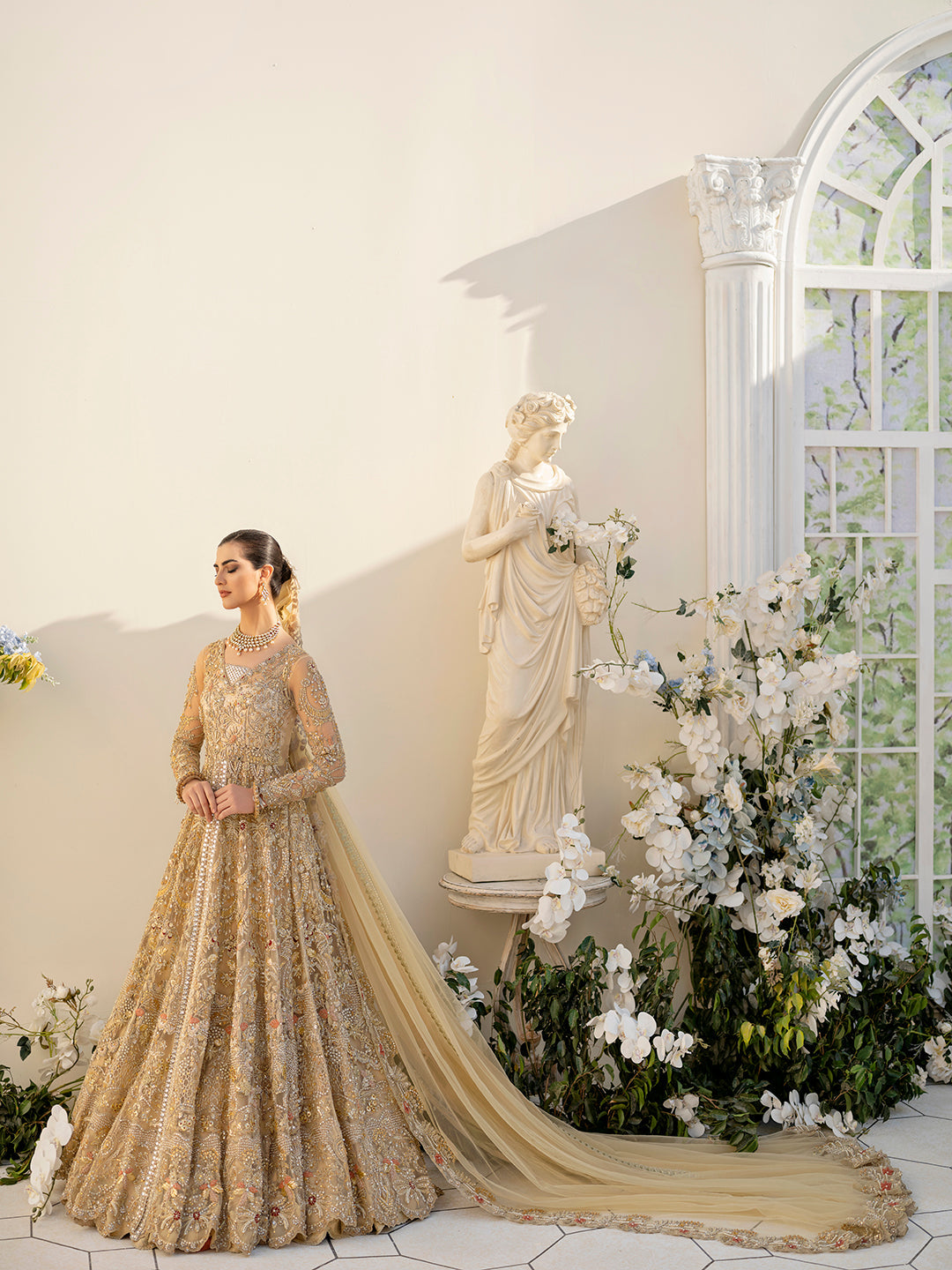 Regal Gold Pakistani Bridal Outfit with Hand Embroidery