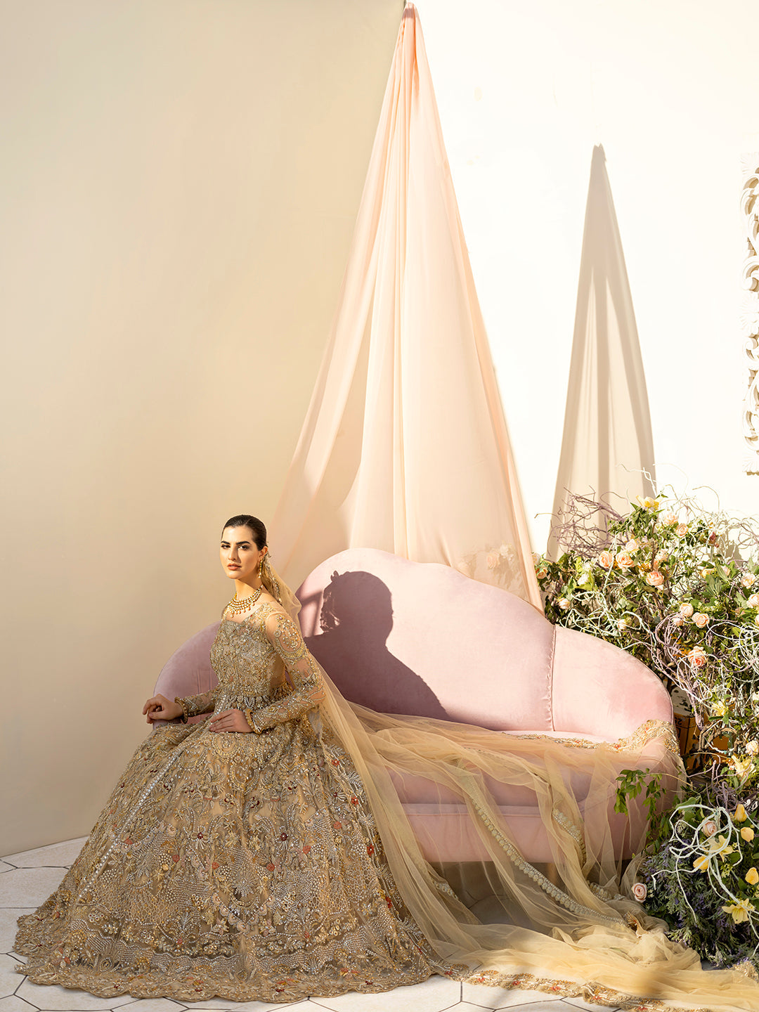 Regal Gold Pakistani Bridal Dress with Exquisite Embroidery
